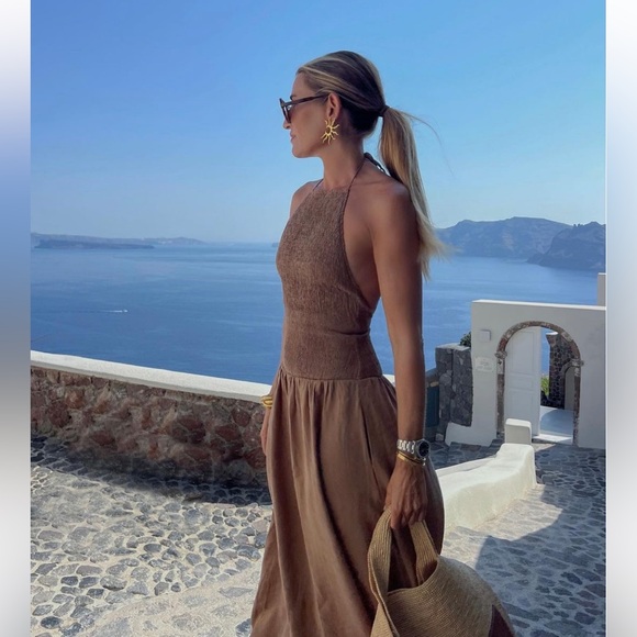 New Zara brown flowy halter midi low waist dress with pockets - Picture 3 of 8